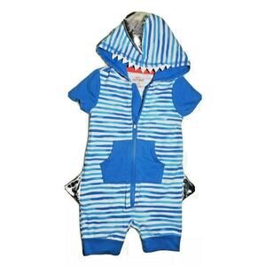 Cat & Jack Baby Shark Boy 6-9M Blue White Stripe Romper Outfit Hoodie 6M 9M